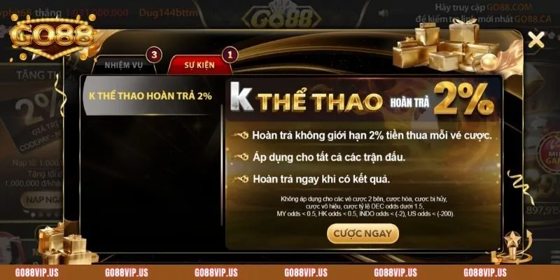 Hội viên sẽ tham gia sân chơi thể thao sẽ được hoàn cược 2%